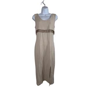 Vintage 90's Be Smart Boho Wooden Beaded Trim Beige Maxi Dress